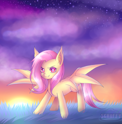 Size: 1478x1499 | Tagged: safe, artist:scruffypoop, fluttershy, bat pony, pony, cloud, flutterbat, race swap, solo, stars, twilight (astronomy)