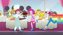 Size: 1920x1080 | Tagged: safe, derpibooru import, screencap, chelsea porcelain, mr. waddle, pinkie pie, rainbow dash, better together, equestria girls, spring breakdown, cake, cupcake, food, hero dash, puffed pastry, sleeveless, spatula, temptation, toque