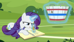 Size: 1073x619 | Tagged: safe, screencap, rarity, pony, unicorn, the end in friend, basket, buckball uniform, buckbasket, bushel basket, clothes, concentrating, cropped, drawing, female, glowing horn, jersey, levitation, lying down, magic, mare, notebook, pencil, telekinesis, tongue out