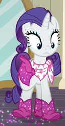 Size: 419x809 | Tagged: safe, screencap, rarity, pony, unicorn, the end in friend, boots, clothes, cropped, female, glitter, glitter boots, mare, mirror, neckerchief, shoes, solo