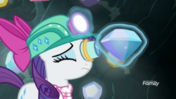 Size: 1920x1080 | Tagged: safe, screencap, rarity, pony, unicorn, the end in friend, bow, discovery family logo, female, frown, gem, helmet, levitation, loupe, magic, magic aura, mare, mining helmet, neckerchief, solo, telekinesis