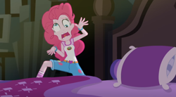 Size: 1414x782 | Tagged: safe, screencap, pinkie pie, equestria girls, legend of everfree, bed, bedroom, camp everfree logo, camp everfree outfits, clothes, derp, faic, female, pillow, pinkie being pinkie, pinkie derp, socks, solo, wristband