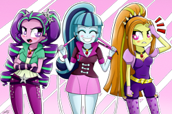 Size: 1830x1214 | Tagged: safe, artist:riouku, adagio dazzle, aria blaze, sonata dusk, equestria girls, rainbow rocks, alternate hairstyle, blushing, curling iron, drill hair, flat iron, ponytail, princess curls, the dazzlings