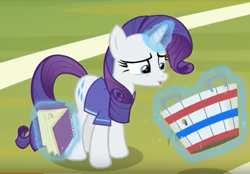 Size: 792x552 | Tagged: safe, screencap, rarity, pony, unicorn, the end in friend, basket, buckbasket, bushel basket, clothes, cropped, female, hoofball, jersey, levitation, magic, mare, notepad, sketchbook, solo, telekinesis, unamused, worried, youtube link