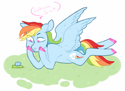 Size: 1020x738 | Tagged: safe, artist:jellybeanbullet, derpibooru import, rainbow dash, pegasus, pony, colored hooves, female, grass, hooves, lying, mare, no pupils, prone, simple background, snail, solo, speech bubble, spread wings, white background, wings