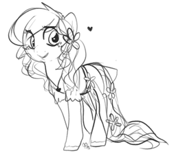 Size: 1000x895 | Tagged: safe, artist:mt, applejack, earth pony, pony, alternate hairstyle, clothes, dress, monochrome, solo