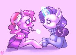 Size: 2560x1848 | Tagged: safe, artist:ogaraorcynder, artist:stomakot, pinkie pie, rarity, earth pony, pony, unicorn, clothes, dessert, female, ice cream, lesbian, magic, mare, open mouth, raripie, shipping, sick, spoon, sweater