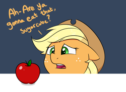 Size: 1500x1100 | Tagged: safe, artist:notenoughapples, applejack, earth pony, pony, apple, cute, dialogue, floppy ears, food, jackabetes, solo, that pony sure does love apples