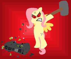 Size: 354x294 | Tagged: safe, artist:threetwotwo32232, fluttershy, pegasus, pony, angry, bipedal, cutie mark, female, gritted teeth, hooves, lineless, mare, sledgehammer, solo, spread wings, wings, xbox