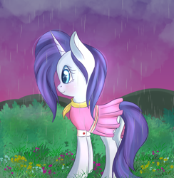 Size: 1944x1994 | Tagged: safe, artist:brok-enwings, rarity, pony, unicorn, clothes, dress, female, mare, rain, solo