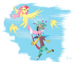 Size: 1688x1388 | Tagged: safe, artist:praysforaprankster, discord, fluttershy, bird, pegasus, pony, dungeons and discords, clothes, discoshy, eyes closed, female, flower, flower in hair, hat, heart, male, mare, parrots, puerto caballo, sandals, shipping, shorts, sky, straight, sun hat