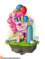 Size: 1024x1325 | Tagged: safe, artist:northernsprint, pinkie pie, earth pony, pony, balloon, bipedal, dirt cube, female, helium, helium tank, mare, solo, tongue out