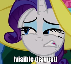 Size: 791x716 | Tagged: safe, edit, edited screencap, screencap, rarity, pony, unicorn, season 2, sweet and elite, 4chan, absolutely disgusting, canterlot, clothes, disgusted, dress, eww, excalibur face, eyeshadow, female, funny face, hat, image macro, makeup, mare, meme, purple, reaction image, sapphire, teeth