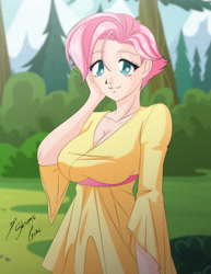 Size: 2153x2786 | Tagged: safe, artist:shinta-girl, fluttershy, human, alternate hairstyle, breasts, cleavage, female, hootershy, humanized, short hair, solo