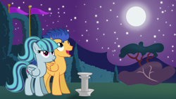 Size: 1600x900 | Tagged: safe, artist:themexicanpunisher, flash sentry, sonata dusk, pegasus, pony, cute, flag, looking up, moon, pedestal, ponified, senata, shipping, stars