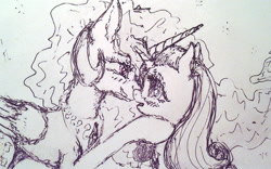 Size: 1512x944 | Tagged: safe, artist:plotcore, princess celestia, rarity, alicorn, pony, unicorn, blushing, female, imminent kissing, lesbian, looking at each other, mare, open mouth, rarilestia, shipping, smiling, traditional art