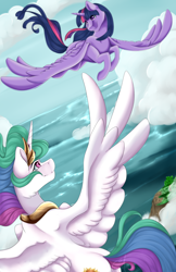 Size: 1024x1576 | Tagged: safe, artist:crecious, princess celestia, twilight sparkle, twilight sparkle (alicorn), alicorn, pony, cloud, crown, duo, female, flying, island, mare, necklace, regalia, scenery, sky, smiling, water