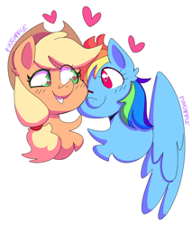 Size: 1080x1267 | Tagged: safe, artist:probablyapineapple, derpibooru import, applejack, rainbow dash, earth pony, pegasus, pony, appledash, blushing, chest fluff, cuddling, cute, female, heart, heart eyes, lesbian, looking at each other, shipping, simple background, smiling, white background, wingding eyes
