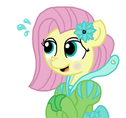 Size: 640x600 | Tagged: safe, artist:ficficponyfic, color edit, edit, fluttershy, oc, oc:emerald jewel, alternate color palette, clothes, color, colored, colt, colt quest, crossdressing, dress, eyeshadow, femboy, flower, flower in hair, foal, makeup, male, nervous, not fluttershy, recolor, shoes, solo, trap