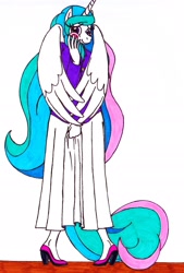 Size: 1664x2464 | Tagged: safe, artist:killerteddybear94, princess celestia, alicorn, anthro, blushing, clothes, cropped, cute, cutelestia, female, hand on face, long skirt, looking at you, shoes, shy, skirt, smiling, solo, traditional art