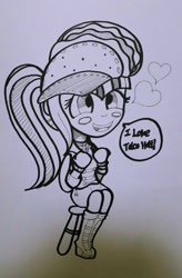 Size: 627x958 | Tagged: safe, artist:patterndream, sonata dusk, pony, equestria girls, dialogue, hat, monochrome, taco