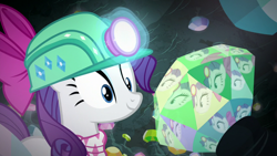 Size: 1280x720 | Tagged: safe, screencap, rarity, pony, unicorn, the end in friend, female, gem, gem cave, helmet, mare, mining helmet, reflection, smiling, solo