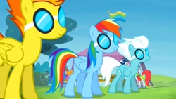 Size: 1280x720 | Tagged: safe, derpibooru import, screencap, fleetfoot, rainbow dash, spitfire, pegasus, pony, rainbow falls, female, goggles