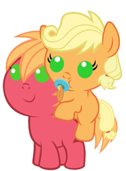 Size: 786x1067 | Tagged: safe, artist:red4567, applejack, big macintosh, earth pony, pony, baby, baby macintosh, baby pony, babyjack, brother and sister, cute, female, foal, hatless, jackabetes, macabetes, male, missing accessory, pacifier, ponies riding ponies, recolor, red4567 is trying to murder us, riding, siblings, simple background, weapons-grade cute, younger