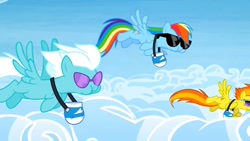 Size: 1280x720 | Tagged: safe, derpibooru import, screencap, fleetfoot, rainbow dash, spitfire, pegasus, pony, rainbow falls, aweeg*, feed bag, female, sunglasses