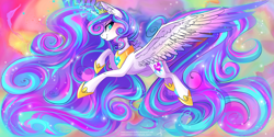 Size: 3464x1732 | Tagged: safe, artist:wilvarin-liadon, derpibooru import, princess flurry heart, alicorn, pony, abstract background, adult, adult flurry heart, color porn, colored wings, female, mare, multicolored wings, older, smiling, solo, wallpaper