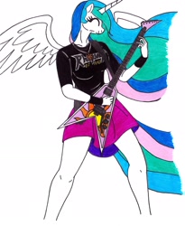 Size: 2027x2470 | Tagged: safe, artist:killerteddybear94, princess celestia, alicorn, anthro, clothes, cropped, cutie mark, electric guitar, eyes closed, guitar, heavy metal, jewelry, metalestia, necklace, power metal, rhapsody of fire, shirt, skirt, smiling, spread wings, t-shirt, traditional art, wings