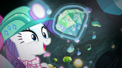 Size: 1920x1080 | Tagged: safe, screencap, rarity, pony, unicorn, the end in friend, cave, female, gem, gem cave, helmet, magic, mare, mining helmet, reflection, smiling, solo, telekinesis