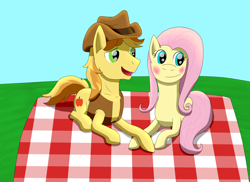 Size: 2512x1824 | Tagged: safe, artist:allonsbro, braeburn, fluttershy, pegasus, pony, blushing, braeshy, male, shipping, straight