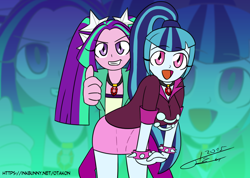 Size: 1900x1350 | Tagged: safe, artist:otakon, aria blaze, sonata dusk, equestria girls, anime, mon colle knights, reference, shipping, thumbs up