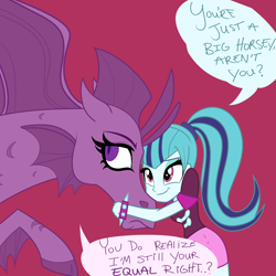 Size: 2000x2000 | Tagged: safe, artist:wubcakeva, aria blaze, sonata dusk, horse, siren, equestria girls, cute, dialogue, frown, hug, raised hoof, smiling, unamused