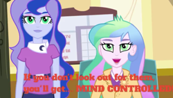 Size: 1280x720 | Tagged: safe, artist:sodorsiren productions, edit, edited screencap, screencap, princess celestia, princess luna, principal celestia, vice principal luna, equestria girls, rainbow rocks, celestia's office, green eyes, hypnosis, hypnotized, music video