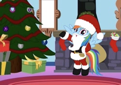 Size: 1019x713 | Tagged: artist needed, safe, rainbow dash, pegasus, pony, bipedal, boots, chimney, christmas, christmas tree, clothes, costume, fake beard, female, fireplace, hat, holiday, looking at you, mare, present, raised hoof, sack, santa claus, santa costume, santa hat, shoes, solo, stockings, thigh highs, tree, wings