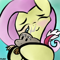 Size: 1000x1000 | Tagged: safe, artist:melanie-violet, discord, fluttershy, pegasus, pony, crush plush, cute, discoshy, hug, male, plushie, shipping, shyabetes, straight