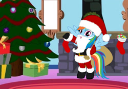 Size: 1024x716 | Tagged: artist needed, safe, rainbow dash, pegasus, pony, bipedal, boots, chimney, christmas, christmas tree, clothes, costume, fake beard, female, fireplace, hat, holiday, looking at you, mare, present, raised hoof, sack, santa claus, santa costume, santa hat, shoes, solo, stockings, thigh highs, tree, wings