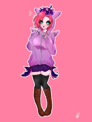 Size: 768x1024 | Tagged: safe, artist:raimugi____, pinkie pie, human, anime, boots, clothes, digital art, hoodie, humanized, shoes, solo, stockings, thigh highs