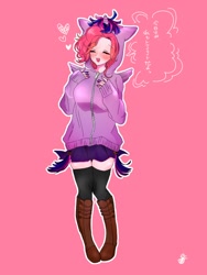 Size: 768x1024 | Tagged: safe, artist:raimugi____, pinkie pie, human, boots, clothes, digital art, eyes closed, heart, hoodie, humanized, shoes, smiling, stockings, thigh highs