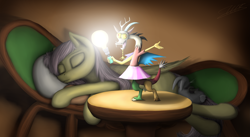 Size: 2999x1644 | Tagged: safe, artist:vladimir-olegovych, angel bunny, fluttershy, pegasus, pony, discord lamp, eyes closed, lamp, lightbulb, sleeping, sofa