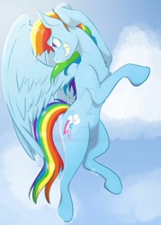 Size: 1920x2688 | Tagged: safe, artist:tikiirishy, derpibooru import, rainbow dash, pegasus, pony, backwards cutie mark, bean mouth, cloud, deviantart watermark, female, flying, mare, obtrusive watermark, sky, solo, spread wings, watermark, wings