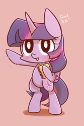 Size: 800x1200 | Tagged: safe, artist:joycall6, derpibooru import, twilight sparkle, pony, semi-anthro, backpack, bipedal, blushing, looking at you, notebook, raised hoof, simple background, solo, waving