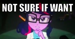 Size: 500x262 | Tagged: safe, derpibooru import, sci-twi, twilight sparkle, equestria girls, rainbow rocks, clothes, glasses, image macro, lab coat, meme, not sure if want, solo