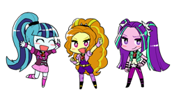 Size: 512x284 | Tagged: safe, artist:baekgup, adagio dazzle, aria blaze, sonata dusk, equestria girls, rainbow rocks, chibi, cute, eyes closed, fangs, looking at you, open mouth, simple background, smiling, smirk, the dazzlings, transparent background