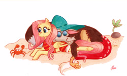 Size: 1672x1000 | Tagged: safe, artist:praysforaprankster, discord, fluttershy, crab, pegasus, pony, dungeons and discords, beach, discoshy, female, hat, male, mare, prone, puerto caballo, shipping, straight, sun hat, sunglasses