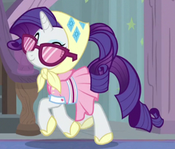 Size: 473x404 | Tagged: safe, screencap, rarity, pony, unicorn, the end in friend, camping outfit, clothes, cropped, dress, eyes closed, female, mare, solo, sunglasses