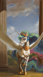 Size: 1000x1790 | Tagged: safe, artist:bra1neater, princess celestia, alicorn, pony, column, female, fine art emulation, hoers, looking at you, mare, sky, solo, spread wings, walking, wings