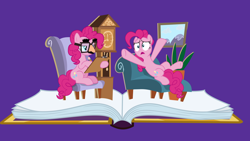 Size: 10240x5760 | Tagged: safe, artist:frownfactory, derpibooru import, pinkie pie, earth pony, pony, fame and misfortune, .svg available, absurd resolution, blue eyes, book, chair, clock, cutie mark, disguise, fake glasses, female, glasses, mare, pink coat, pink hair, pink mane, pink tail, pinkiatrist, psychiatrist, sitting, sofa, svg, vector, wallpaper